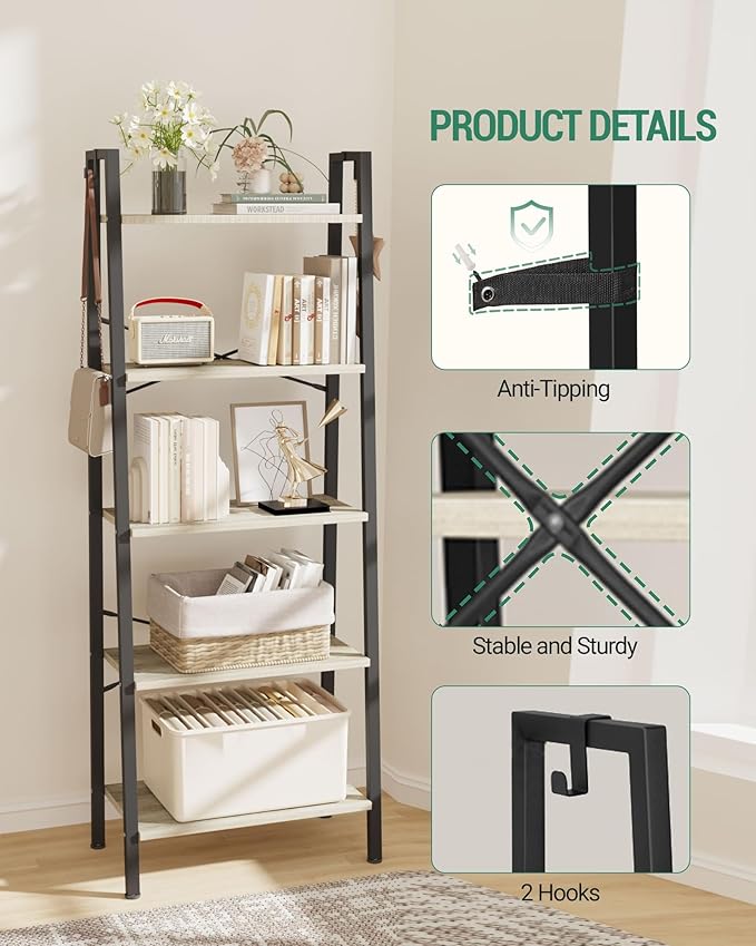 Hzuaneri Ladder Shelf, Bookshelf Bookcase, Freestanding Corner Storage Shelve with 2 Hooks for Home Office, Living Room, Kitchen, Bedroom, Industrial, 11.8" D x 23.6" W x 63" H, Greige BC19305B