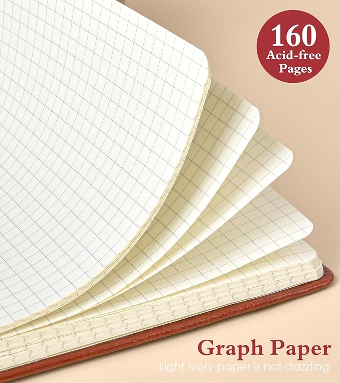 PAIBAS Graph Notebook for Women Men, 160 Pages Grid Paper, Graphing Notebooks for School, Work, Quad Ruled, Inner Pocket, A5 Hardcover Vintage Leather Journals for Writing, 5.8"x8.5" (Brown)
