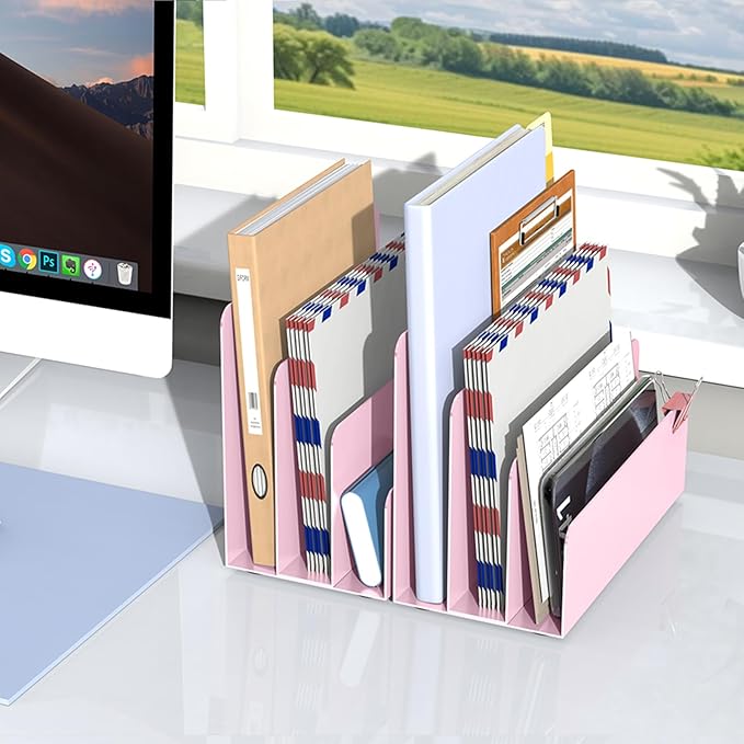 OUTIOE Mail Organizer Countertop, Small Desk File Organizer, Metal File Holder - Essential Workspace Organizers for Office Desk, Home Office (Pink)
