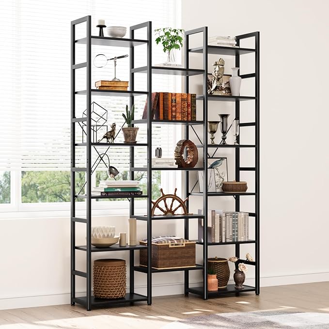 NUMENN 6-Tier Bookshelf Triple Column Bookcase with 17 Adjustable Open Display Shelves, Modern Book Shelves，Rustic Industrial Style Bookshelves for Bedroom, Living Room and Home Office, Black