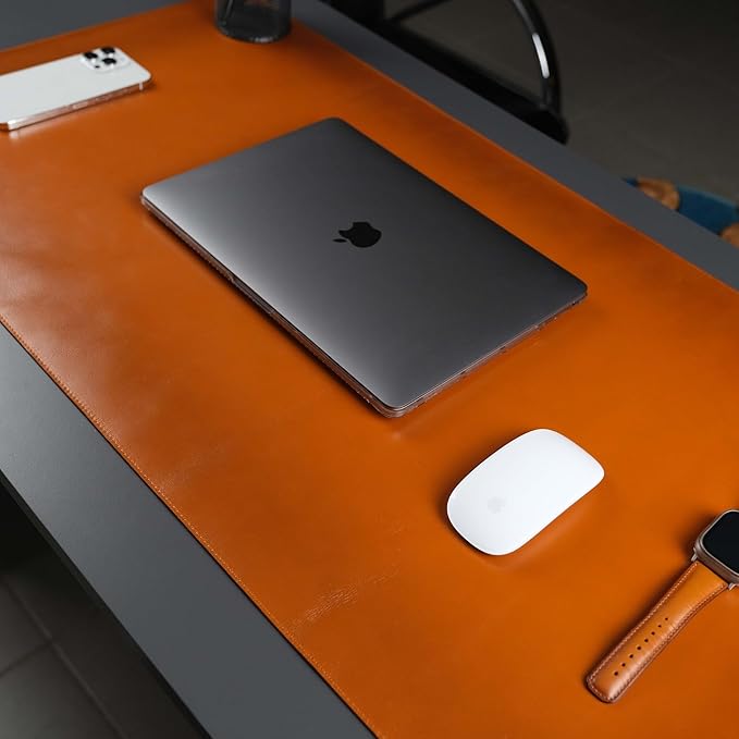 TORONATA Jersey Genuine Calfskin Leather Desk Pad, Office Desk Mat with Non-Slip Bottom, Smooth Surface for Mouse & Keyboard, Desk Protector (36x19 inches) (Tan)