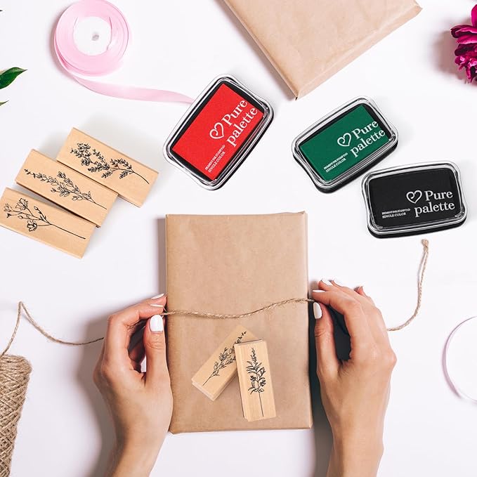Tenare 8 Pieces Vintage Rubber Stamps Decorative with 3 Colors Ink Pad Wooden Plant Flower Stamps Set for DIY Craft, Scrapbook, Letters Diary and Card Making