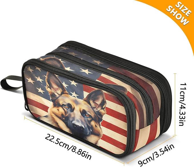 BOENLE Dog German Shepherd American Flag Pencil Case Box Boys Girls Large Pencil Pouch Zipper Compartments Big Capacity Stationery Pen Bag Organizer for Kids Teens Adults School
