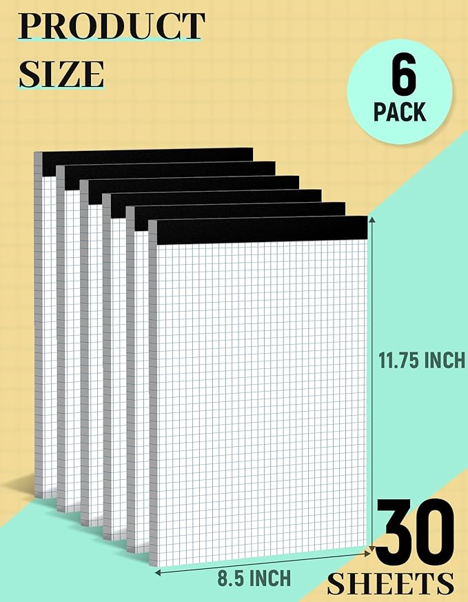 Aidunmis Graph Paper 8.5 x 11, 6 Pack, 4x4 Graph Ruled, Grid Paper 8-1/2 x 11, Blueprint Quadrille Pad 8.5'' x 11'', Easy Tear Off Graph Paper Pad White Grid Notebook, White Draft Paper 30 Sheets/Pad
