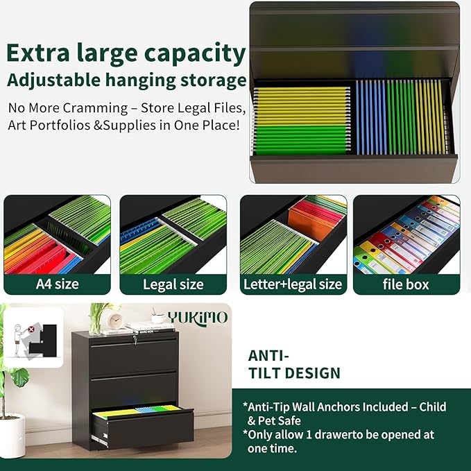 3 Drawer Lateral File Cabinet with Lock, Metal File Cabinets for Home Office, Office Furniture for Organization Hanging Legal/Letter/A4, Metal Filing Cabinet Storage Cabinet, Require Assembly, Black