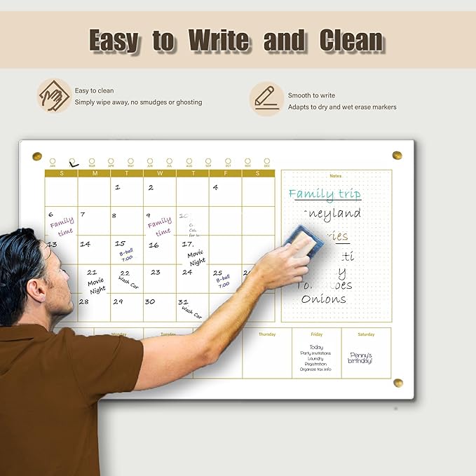 Glass 3-1 Golden Monthly Dry Erase Calendar Whiteboard for Wall,24"x 36",Frameless Mounting,Office/School/Home, Frameless Large Planner White Board