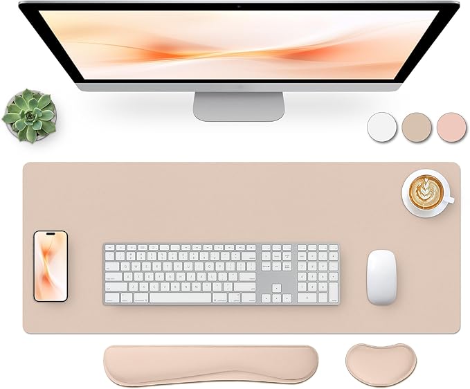 Bloss Leather Desk Pad and Keyboard Wrist Rest, Large Mouse Pad + Keyboard Pad+Mouse Wrist Support, Non-Slip Desk Mat Protector for Office, Home(27.6" x 13.8", Beige)