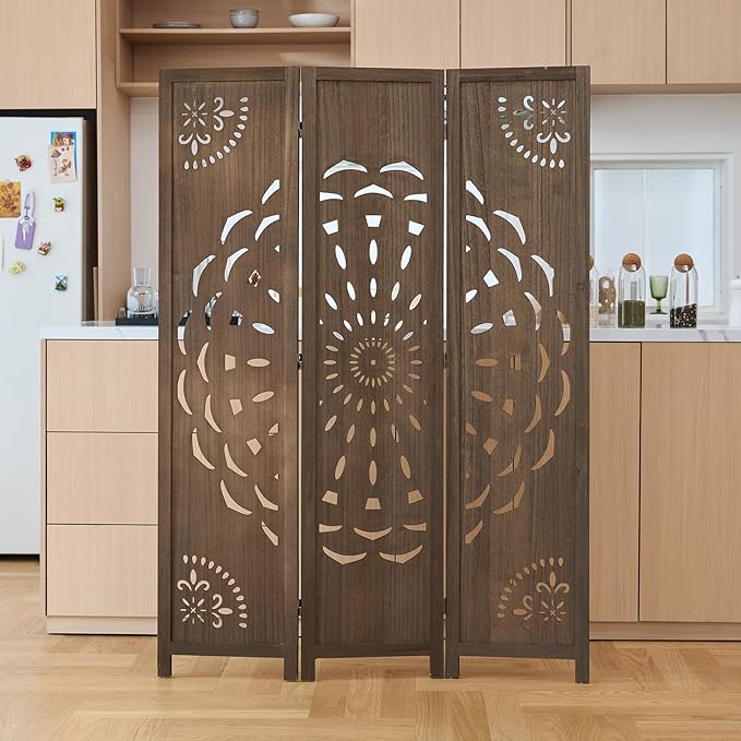 66.9Inch Wooden Room Partition - 3 Panels Boho-Styled Space Room Divider for Home/Office, Headboard & Yoga/Photo/Video Call Backdrop (Brown)
