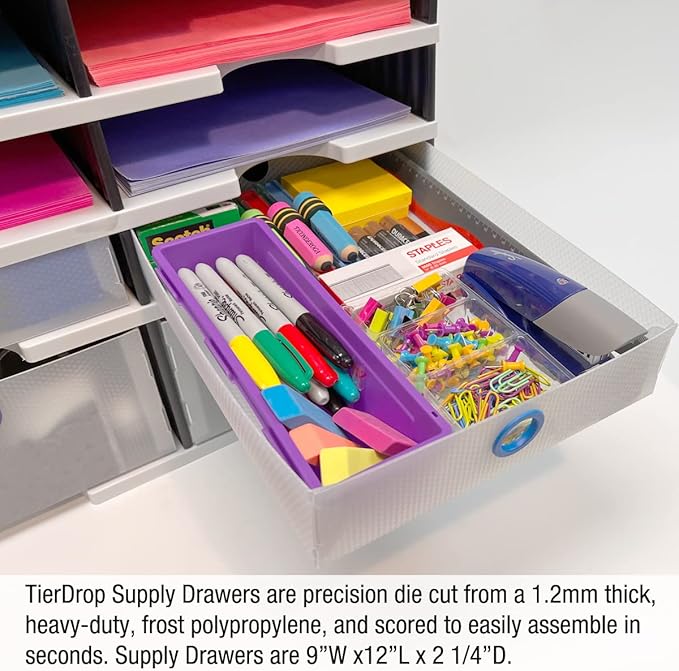 Ultimate Office TierDrop Supply Drawers Measure 9w x 12d x 2 1/4 Inches High for Desk Accessories and Supplies, Set of 2, Includes Color-Coded Finger Rings for Fast and Easy Access to Contents
