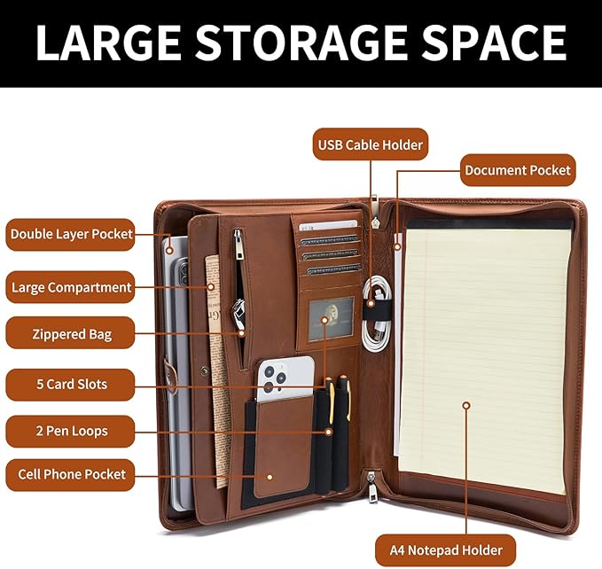 Geslun Personalized Genuine Leather Portfolio, Legal Size 8.5 x 14 Pad Holder, Custom Engraved Business Padfolio for Men Women, Zip 14" Laptop Organizer, Professional Notepad Folio, Brown, Oil Tanned