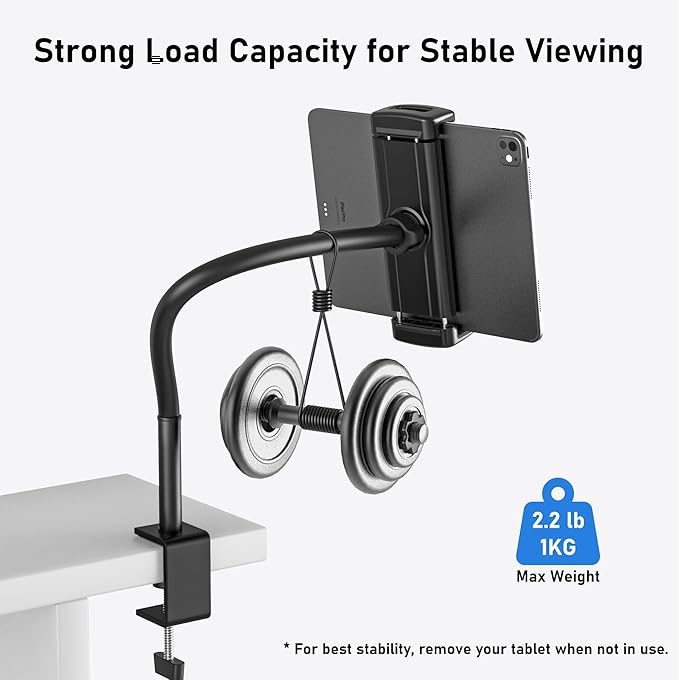 TeQable Tablet Stand for Desk, Gooseneck iPad Holder Clamp Mount, 360° Adjustable Arm Mount for iPad Pro/Air/Mini, Kindle Fire, Galaxy Tabs, 4.7"-13.5" Tablets, for Kitchen, Work, Video Call, Bed