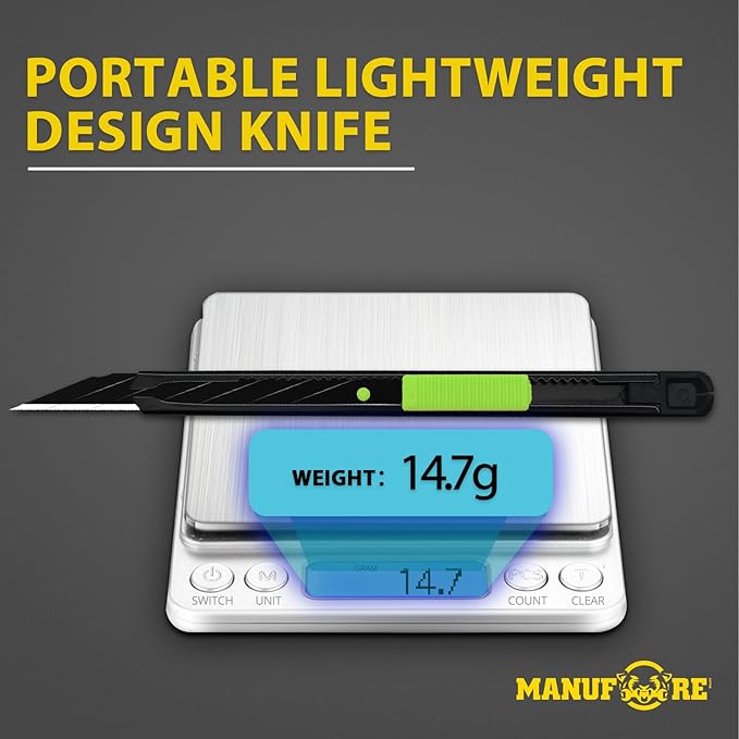 MANUFORE 30pcs Green 9mm Snap-off Knives with Safety Auto-lock, Metal Handle, Black Blade, Lightweight Portable Retractable Cutter for office, school