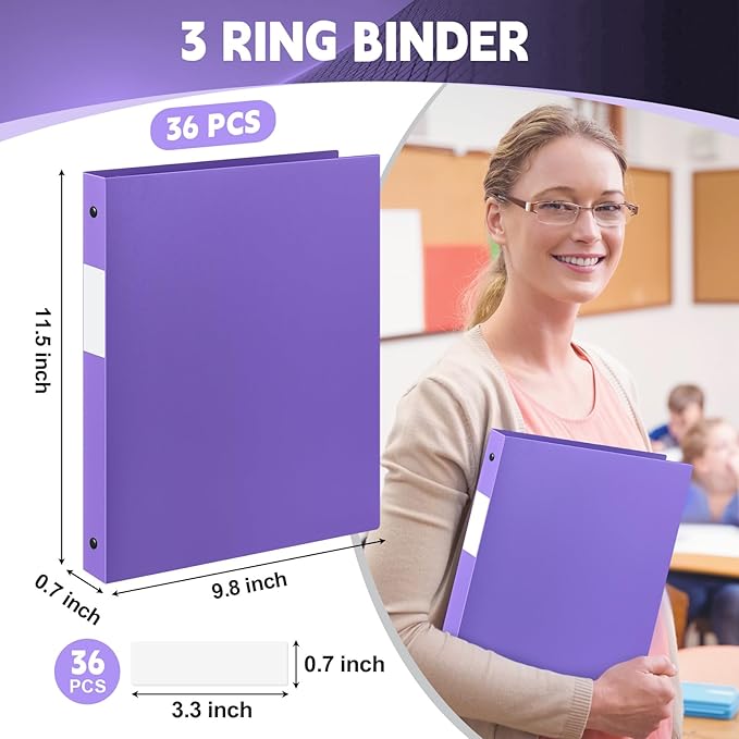 Henoyso 36 Pcs 3 Ring Binder 0.5 Inch Round Fits Letter Size 8.5'' x 11'' Paper Plastic Flexible Binder Bulk Holds 140 Sheets with 1 Pockets Versatile Organizer for Home Office School (Purple)
