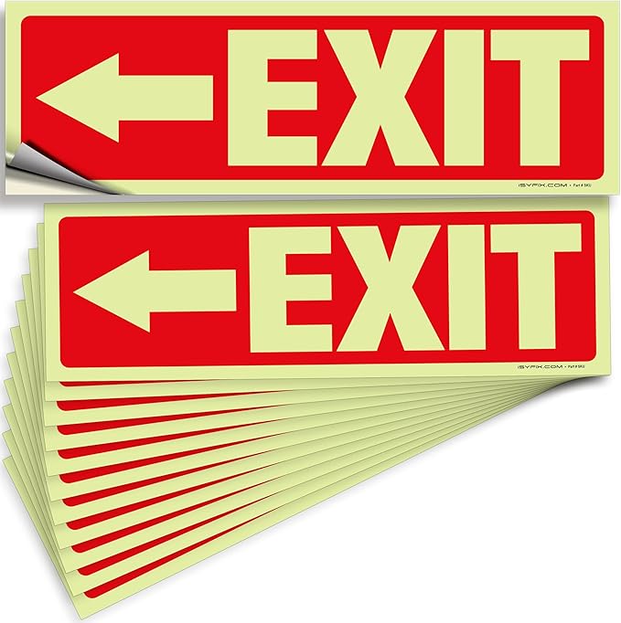 iSYFIX Exit Stickers Signs with Directional Left Arrow 12 Pack 12x4 Inch - Glow in the Dark Photoluminescent Vinyl for Office, School, Business, Warehouse - UV & Weather Resistant for Indoor/Outdoor Use