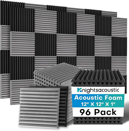 96 Pack Sound Proof Foam Panels for Walls, 1 X 12 X 12 Inches Acoustic Foam Panels, High Density Acoustic Panels Sound Absorbing, Black Gray Noise Cancelling Studio Wedges (NOT INCLUDE ADHESIVE)
