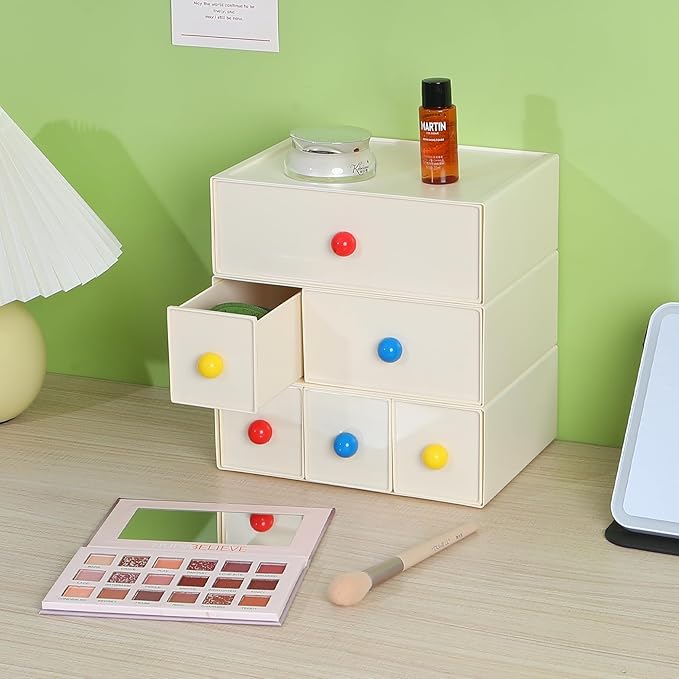 OSteed Desktop Drawers, Desk Organizer with 3 Drawers & Dopamine Handles, Stackable Plastic Storage Box for Home Collection, Cosmetics, Office Supplies (1 Tall Layer, Cream)