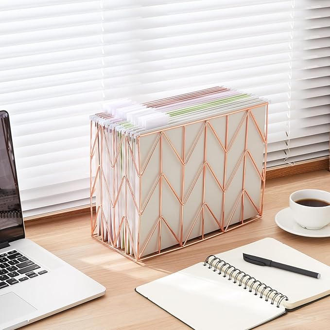 Fei Bi 1 Pack Metal Hanging Rose Gold File Organizer, Basket, Box, Storage Box, Office and School Supplies Organizer