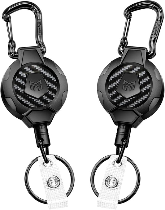 MNGARISTA 2-Pack Retractable Keychain, Heavy Duty 10 OZ Retraction 3K Carbon Fiber ID Badge Reel, Carabiner Badge Holder Hook Upgraded 31.5" Stainless Steel Cord Lanyard with Clip Strap and Key Ring