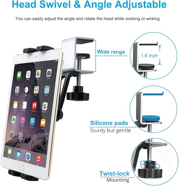 woleyi Kitchen Cabinet Tablet Mount, Easy-Install Under Cabinet Tablet Holder Stand with 360° Adjustable Clamp for iPad Pro Air Mini, Galaxy Tabs, Z Fold, Fire, Surface, Switch, iPhone, 4-13" Devices