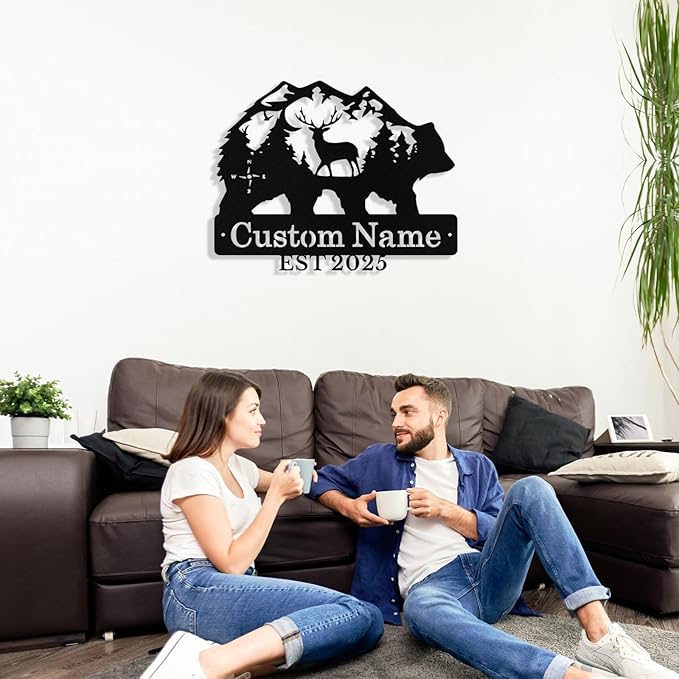 Custom Bear & Deer Metal Sign, Custom Bear Metal Wall Art Decor, Personalized Last Name Signs for Home, Rustic Farmhouse Black Wall Decor for Cabin, Bedroom, Living Room