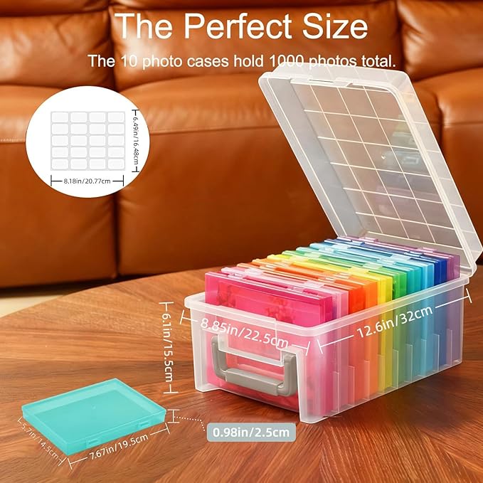 Photo Storage Box 5 x 7 Inches, 10 Inner Extra Large Photo Boxes with Dividers, Colorful Acid-Free Photo Storage Containers with Handle, Photo Organizer Craft Keeper for Photo, Craft, Stamp etc