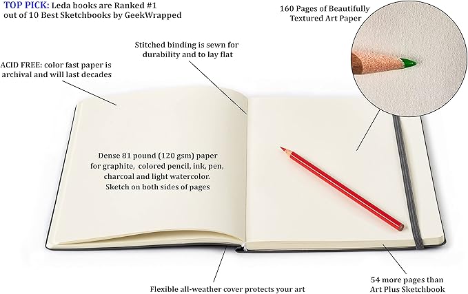 Leda Art Supply Large Sketchbook 160 Pages Softbound Cover Sketchbook for Artists - Leather Drawing Notebook for All, Ideal for Ink, Water Color, Pen, Pencils | 7 x 10 inch Art Journal