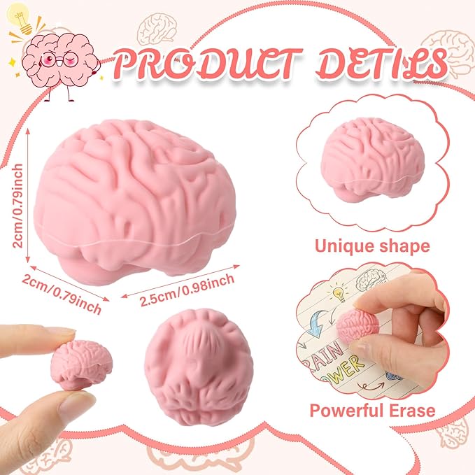 Gilprop 48 Pcs Brain Shaped Erasers Bulk, 1 Inch Mini Halloween Erasers Halloween Party Favors Fun Classroom Supplies Cute Novelty Gifts for Students Teacher Must Haves (Pink)