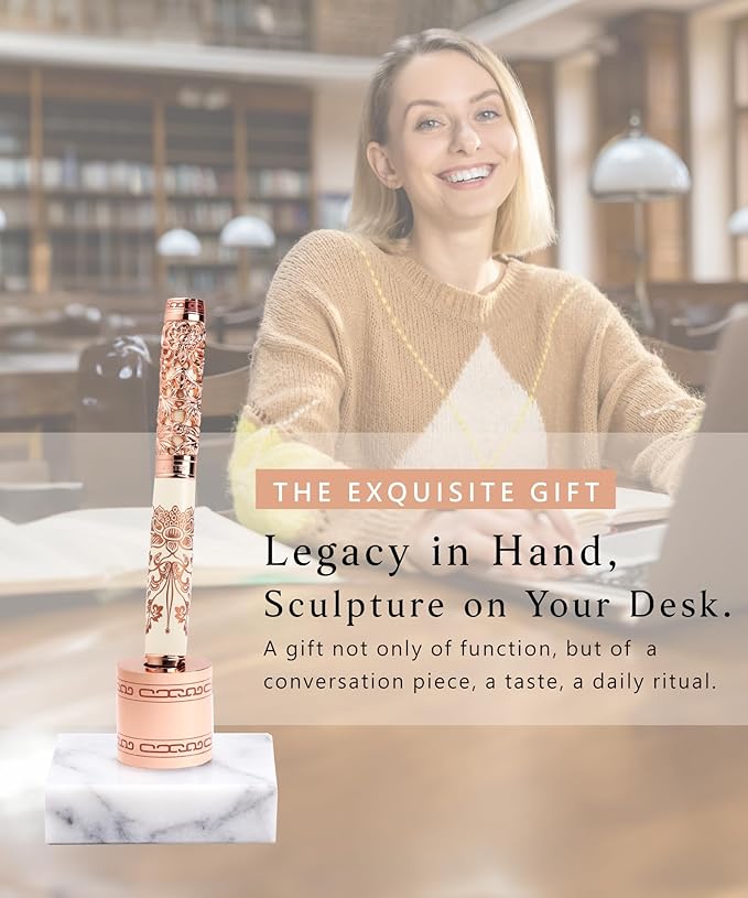 ARTEX Luxury Fountain Pen Set With Stand - Museum Art Collections - Crafting Timeless Beauty - the Best Gift & Office Desk Decor, German SCHMIDT Fine Nib, Solid Metal & Marble Texture