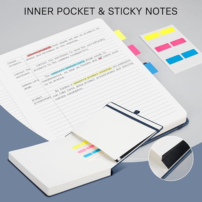 EMSHOI Meeting Notebook for Work with Sticky Tabs - 240 Pages, A4 Size Project Planner, PU Leather Meeting Agenda/Minutes Organizer for Women Men, Note Taking, Office & Business, 8.3"x11.7", Blue