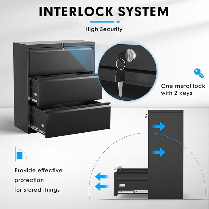 Pataku Metal Lateral File Cabinet with Lock, Steel Lateral Filing Cabinet 3 Drawer, Locking Office Home Wide Organization File Cabinet for Hanging Files Letter/Legal/F4/A4 Size(3Drawer/Black)