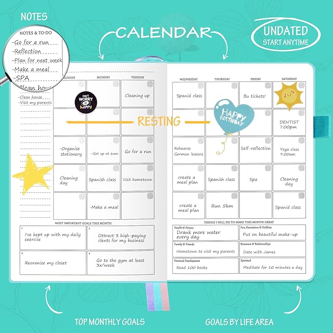 Undated Luxurious Weekly & Monthly Planner to Increase Productivity Hit Your Goals, Organizer Notebook Gratitude Journal Time Management Start Anytime, A5, Lasts 1 Year