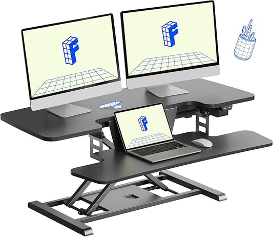FLEXISPOT 40" Electric Standing Desk Converter, Height Adjustable Riser, Sit to Stand Monitor and Laptop Workstation with Wide Keyboard Tray, Black