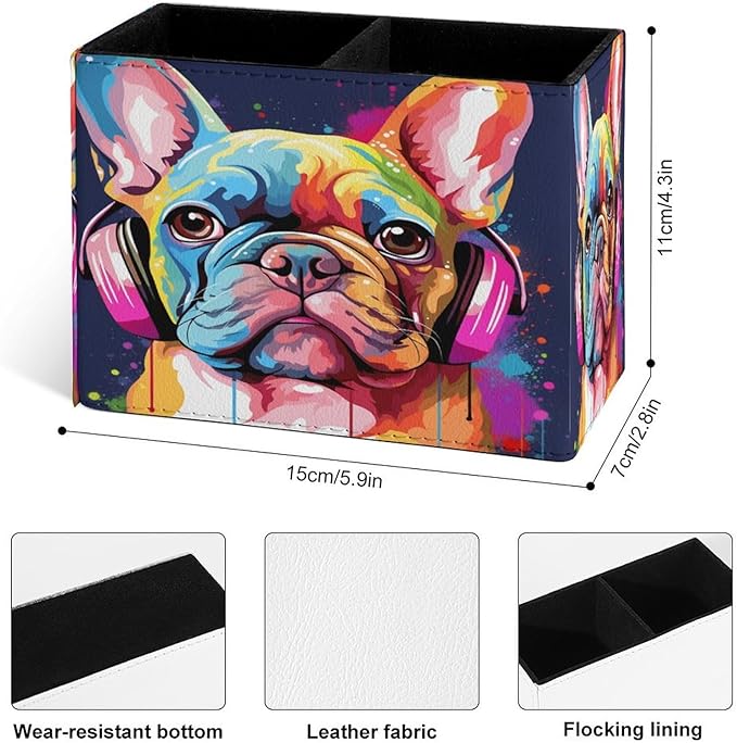 Famame Colorful Dog French Bulldog Pencil Holder for Desk, Leather Desktop Container Pen Cup Storage Study Table Pen Organizer Makeup Brushes Holder for Office Home