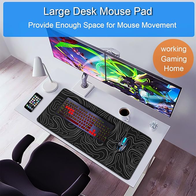 Large Extended Gaming Mouse Pad, 31.5x15.7 inch Computer Keyboard Mouse Mat, Water Resist Non-Slip Mousepad Rubber Base Long XXL Desk Mouse Pad for Gaming, Office & Home, Black White Lines