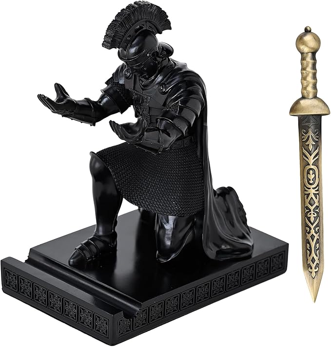 CYXStar Roman Praetorian Prefect Warrior Knight Pen Holder Desk Ornament Resin Praetorian Guard Mobile Phone Stand Desk Accessories and Organizer for Office with a Letter Opener (Black)
