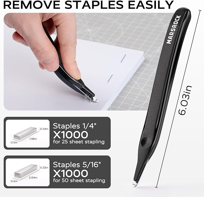 MARSROCK Effortless Stapler for Desk with 40-50 Sheet Capacity, 2000 Staples, 1-Touch Stapling, Ergonomic & Easy to Load Desktop Staplers, Heavy Duty Stapler, and Magnetic Staple Remover, Black
