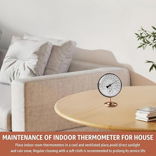 Foxyoo 4-Inch Indoor Thermometer and Humidity Gauge, Room Analog Temperature and Humidity Monitor, Dual Scale Display, Brass Dial with Stand, Battery-Free for House, Home, Desk, Bedroom, Garage, RV