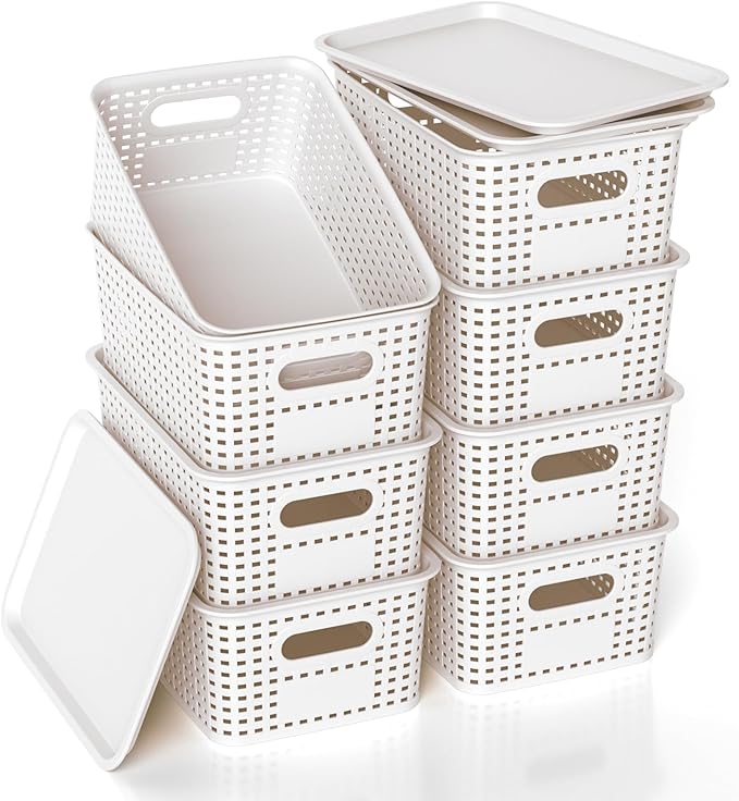 ZFTMRR Plastic Storage Basket with Lid, Stackable Small Box Bins for Organizing and Containers for Shelves Drawers Desktop Closet Playroom Pantry Classroom Office Home, 8 Pack 10.2x7.2x4.1 Inch, White