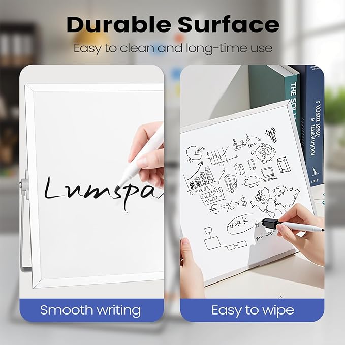 Lumspax Small Desktop White Board with Stand, 10" x 10" Double-Sided Silver Aluminium Frame Whiteboard for Kids, Mini Dry Erase Board for Home, Office, School