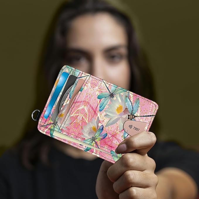 BWEGRHE Small Travel Wallets, Pink Dragonfly Slim Minimalist Front Pocket Wallet with Wristlet, RFID Blocking PU Leather Credit Card Holder with ID Window Change Purse for Men Women