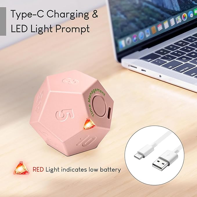 Mini 12 Sided Cube Timer, 11 Preset Times Pomodoro Timer for Enhanced Productivity. Ideal for ADHD Management, Workout, Study & Kitchen Cooking. Easy to Use (Pink)