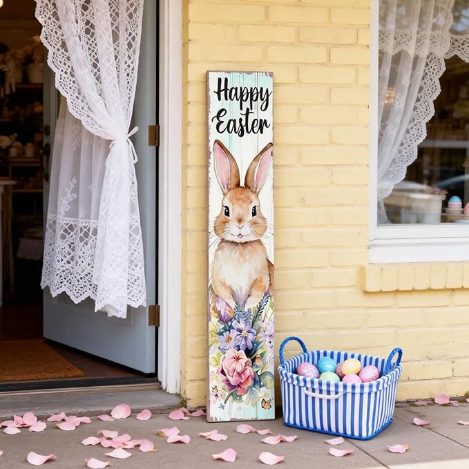 Happy Easter Bunny Welcome Sign for Front Door, 47 Inch Wood Framed Porch Sign Spring Easter Rabbit Flower Decorations with Hanging Rope, Farmhouse Rabbit Yard Signs Home Decor for Outdoor Patio