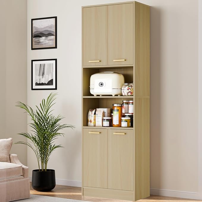 Cozy Castle Kitchen Pantry Cabinet, 75" Tall Wood Storage Cabinet with Doors and Shelves, 4 Doors Open Countertop Utility Hutch Cupboard for Dining Room Living Room Bathroom Furniture, Oak