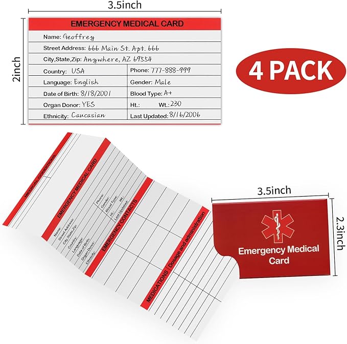 4 Pack Emergency Medical Information Id Card Red Medical Condition and Emergency Contact Id Wallet Card Medical Alert Wallet Card Pocket Size Medication List and Medical Cards for Caretakers (Red)