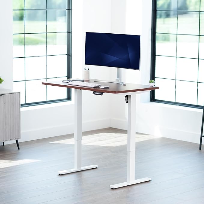 VIVO Electric 48 x 30 in Standing Desk, Memory Height Adjustment, 1B Series, Holds 220 lbs, One-Piece Dark Walnut Top, White Frame, DESK-KIT-1W5D