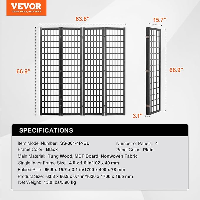 VEVOR Room Divider, 4 Panel Japanese Room Divider, Wood Folding Privacy Screen Indoor, Partition Dividers Portable Decoration Screens, for Room Separation Home Office Restaurant & Bedroom(Black)