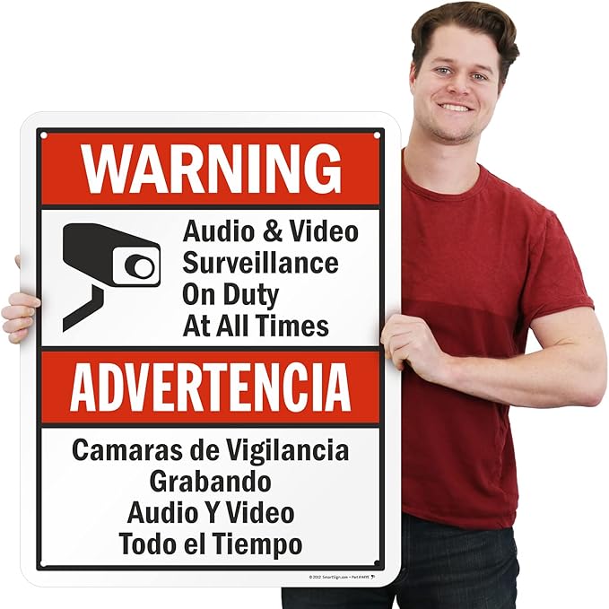 SmartSign 30 x 24 inch “Warning - Audio & Video Surveillance On Duty At All Times” Bilingual Sign, 80 mil Laminated Rustproof Aluminum, Red, Black and White, Made in USA