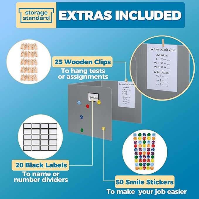 20-Pack Desk Dividers for Students - Durable & Waterproof Plastic Privacy Shield Divider, Classroom Folders Teacher Supplies, Easy-to-Clean Plastic Study Carrel Folder Boards for Student Desks, Grey