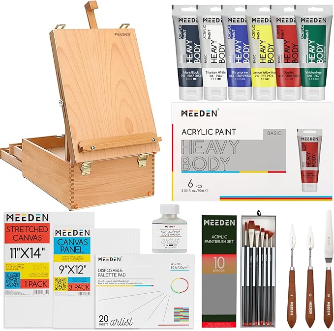 MEEDEN Acrylic Painting Set with Easel: 44 Pcs Art Supplies Painting Kit with Tabletop Box Easel for Adults - 24 Acrylic Paints, Paintbrushes, Canvas, Palettes & Accessories