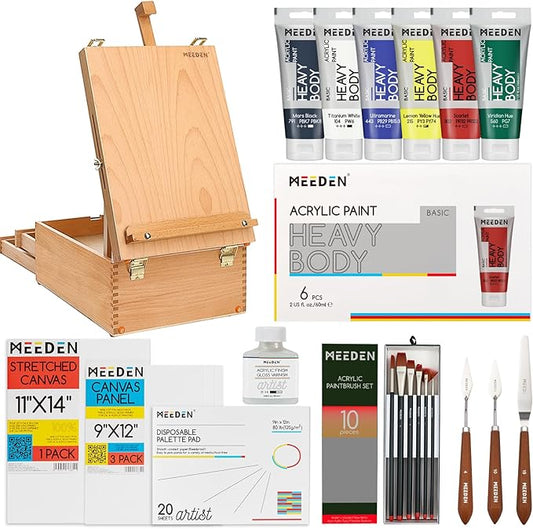 MEEDEN Acrylic Painting Set with Easel: 44 Pcs Art Supplies Painting Kit with Tabletop Box Easel for Adults - 24 Acrylic Paints, Paintbrushes, Canvas, Palettes & Accessories